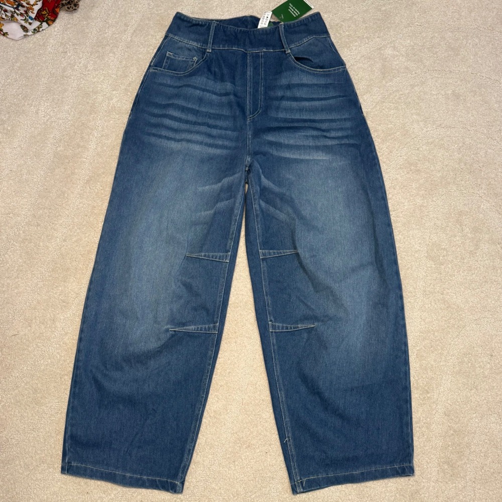 NWT Halara Barrel leg Jeans Medium Wash Blue High Waisted Denim Womens MEDIUM